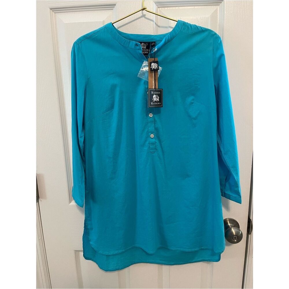 NWT Madison Mathews Turquoise Cotton Poplin Tunic Top Oversized XS - Picture 2 of 6
